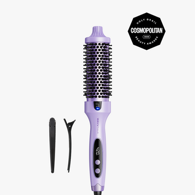 Purple hair styling tool with attachments on a white background, featuring the Cosmopolitan Beauty Award logo.