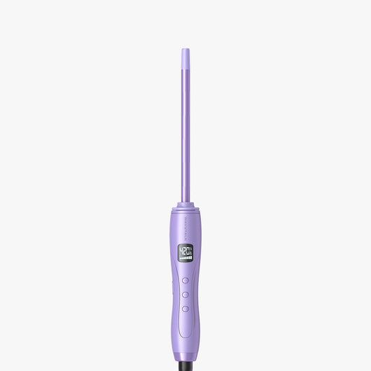 A purple Micro Wave hair curler with a digital temperature readout.