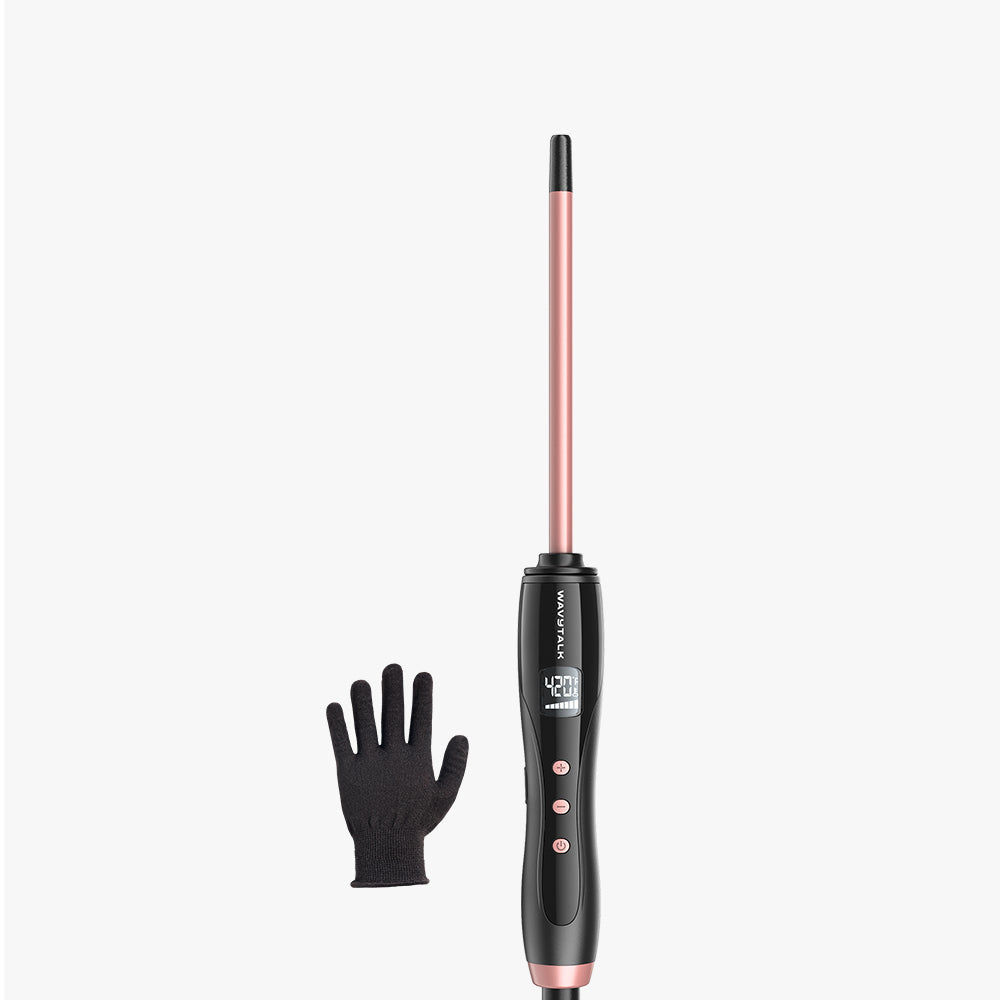 Hair straightener with digital display and a black glove on a white background