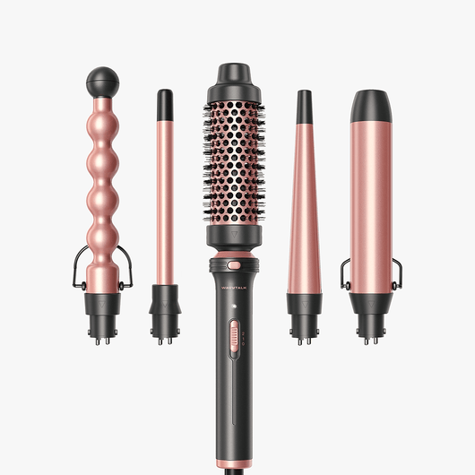 Rose gold Pink Multi Curl 5-in-1 set  hair styling tools on a white background