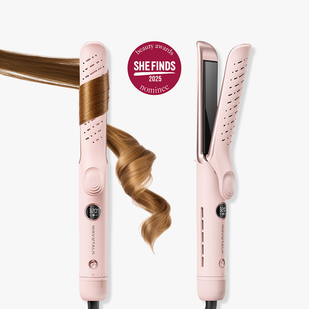 Pink hair straightener with curls and 'SHE FINDS' beauty awards badge on a white background